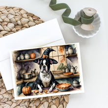 Load image into Gallery viewer, Boston Terrier Fall Kitchen Pumpkins Greeting Cards -  Blank Note Cards – 8-Pack of Artist-Designed Cards with Envelopes