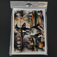 Load image into Gallery viewer, Boston Terrier Fall Kitchen Pumpkins Greeting Cards -  Blank Note Cards – 8-Pack of Artist-Designed Cards with Envelopes