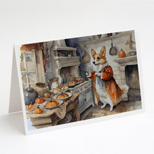 Load image into Gallery viewer, Corgi Fall Kitchen Pumpkins Greeting Cards -  Blank Note Cards – 8-Pack of Artist-Designed Cards with Envelopes