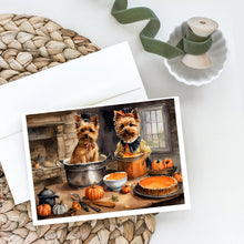 Load image into Gallery viewer, Norwich Terrier Fall Kitchen Pumpkins Greeting Cards -  Blank Note Cards – 8-Pack of Artist-Designed Cards with Envelopes