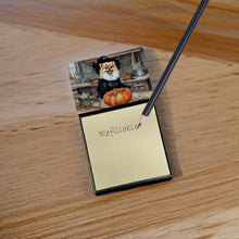 Load image into Gallery viewer, Pomeranian Fall Kitchen Pumpkins Sticky Note Holder- Refiilable Desk Accessory Note Pad