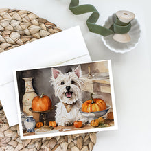 Load image into Gallery viewer, Westie Fall Kitchen Pumpkins Greeting Cards -  Blank Note Cards – 8-Pack of Artist-Designed Cards with Envelopes