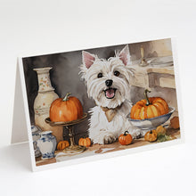 Load image into Gallery viewer, Westie Fall Kitchen Pumpkins Greeting Cards -  Blank Note Cards – 8-Pack of Artist-Designed Cards with Envelopes