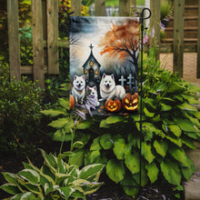 Load image into Gallery viewer, American Eskimo Spooky Halloween Garden Flag – Dog in Cemetery Scene