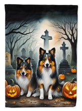 Load image into Gallery viewer, Sheltie Spooky Halloween Garden Flag – Dog in Cemetery Scene