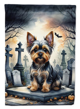 Load image into Gallery viewer, Yorkshire Terrier Spooky Halloween Garden Flag – Dog in Cemetery Scene