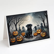 Load image into Gallery viewer, Black Pug Spooky Halloween Greeting Cards -  Blank Note Cards – 8-Pack of Artist-Designed Cards with Envelopes