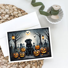 Load image into Gallery viewer, Black Pug Spooky Halloween Greeting Cards -  Blank Note Cards – 8-Pack of Artist-Designed Cards with Envelopes