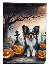 Load image into Gallery viewer, Papillon Spooky Halloween Garden Flag – Dog in Cemetery Scene