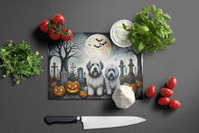 Load image into Gallery viewer, Old English Sheepdog Spooky Halloween Glass Cutting Boards – Durable, Decorative Kitchen Art Large