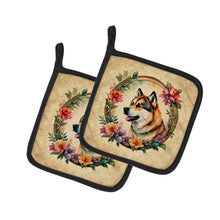 Load image into Gallery viewer, Akita and Flowers Pot Holders - Set of 2 Decorative Kitchen Helpers | Made in the USA