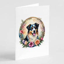 Load image into Gallery viewer, Australian Shepherd and Flowers Greeting Cards -  Blank Note Cards – 8-Pack of Artist-Designed Cards with Envelopes
