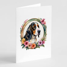 Load image into Gallery viewer, Basset Hound and Flowers Greeting Cards -  Blank Note Cards – 8-Pack of Artist-Designed Cards with Envelopes
