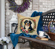 Load image into Gallery viewer, Bernese Mountain Dog and Flowers Fabric Decorative Pillow