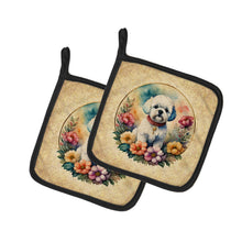 Load image into Gallery viewer, Bichon Frise and Flowers Pot Holders - Set of 2 Decorative Kitchen Helpers | Made in the USA