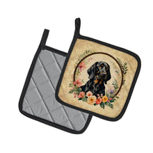 Load image into Gallery viewer, Black and Tan Coonhound and Flowers Pot Holders - Set of 2 Decorative Kitchen Helpers | Made in the USA