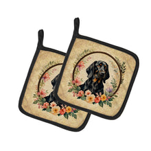 Load image into Gallery viewer, Black and Tan Coonhound and Flowers Pot Holders - Set of 2 Decorative Kitchen Helpers | Made in the USA