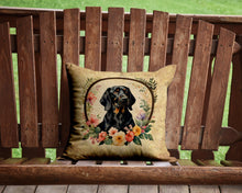 Load image into Gallery viewer, Black and Tan Coonhound and Flowers Throw Pillow - 14x14 Decorative Pillow – Art for Your Home &amp; Patio