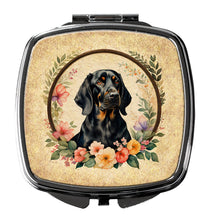 Load image into Gallery viewer, Black and Tan Coonhound and Flowers Compact Mirror – Stylish Purse Mirror with Artistic Covers