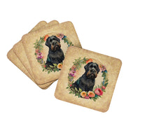 Load image into Gallery viewer, Black Russian Terrier and Flowers Coasters - Set of 4 Lightweight Foam, Absorbent Drink Coasters