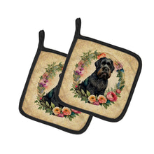 Load image into Gallery viewer, Black Russian Terrier and Flowers Pot Holders - Set of 2 Decorative Kitchen Helpers | Made in the USA