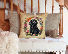 Load image into Gallery viewer, Flat-Coated Retriever and Flowers Throw Pillow - 14x14 Decorative Pillow – Art for Your Home &amp; Patio