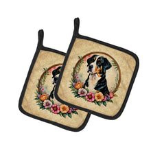 Load image into Gallery viewer, Greater Swiss Mountain Dog and Flowers Pot Holders - Set of 2 Decorative Kitchen Helpers | Made in the USA