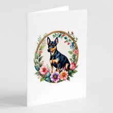 Load image into Gallery viewer, Miniature Pinscher and Flowers Greeting Cards -  Blank Note Cards – 8-Pack of Artist-Designed Cards with Envelopes
