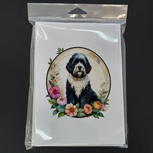 Load image into Gallery viewer, Portuguese Water Dog and Flowers Greeting Cards -  Blank Note Cards – 8-Pack of Artist-Designed Cards with Envelopes