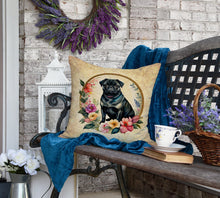 Load image into Gallery viewer, Black Pug and Flowers Fabric Decorative Pillow