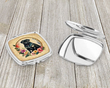 Load image into Gallery viewer, Black Pug and Flowers Compact Mirror – Stylish Purse Mirror with Artistic Covers