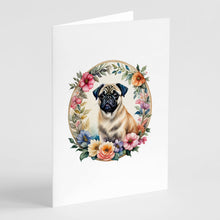 Load image into Gallery viewer, Fawn Pug and Flowers Greeting Cards -  Blank Note Cards – 8-Pack of Artist-Designed Cards with Envelopes