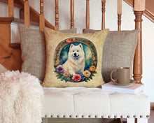 Load image into Gallery viewer, Samoyed and Flowers Throw Pillow - 14x14 Decorative Pillow – Art for Your Home &amp; Patio