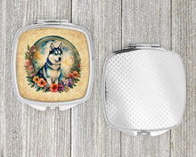Load image into Gallery viewer, Siberian Husky and Flowers Compact Mirror – Stylish Purse Mirror with Artistic Covers