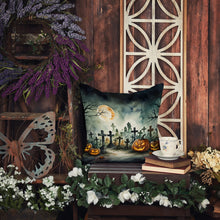 Load image into Gallery viewer, Graveyard Spooky Halloween Throw Pillow - 14x14 Decorative Pillow – Art for Your Home &amp; Patio