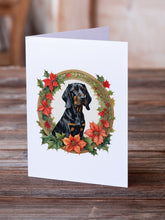 Load image into Gallery viewer, Black and Tan Coonhound Christmas Flowers Greeting Cards - Blank Note Cards – 8-Pack of Artist-Designed Cards with Envelopes