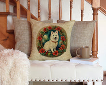 Load image into Gallery viewer, Japanese Spitz Christmas Flowers Throw Pillow - 14x14 Decorative Pillow – Art for Your Home &amp; Patio