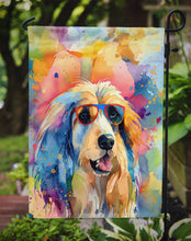 Load image into Gallery viewer, Afghan Hound Hippie Dawg Garden Flag – Retro Dog with Sunglasses &amp; Multicolored Background