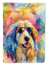 Load image into Gallery viewer, Afghan Hound Hippie Dawg Garden Flag – Retro Dog with Sunglasses &amp; Multicolored Background