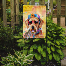 Load image into Gallery viewer, Airedale Terrier Hippie Dawg Garden Flag – Retro Dog with Sunglasses &amp; Multicolored Background