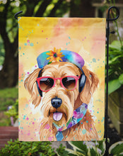 Load image into Gallery viewer, Airedale Terrier Hippie Dawg Garden Flag – Retro Dog with Sunglasses &amp; Multicolored Background