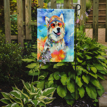 Load image into Gallery viewer, Alaskan Malamute Hippie Dawg Garden Flag – Retro Dog with Sunglasses &amp; Multicolored Background