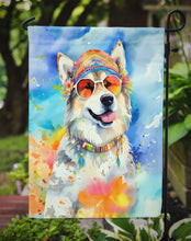 Load image into Gallery viewer, Alaskan Malamute Hippie Dawg Garden Flag – Retro Dog with Sunglasses &amp; Multicolored Background