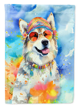 Load image into Gallery viewer, Alaskan Malamute Hippie Dawg Garden Flag – Retro Dog with Sunglasses &amp; Multicolored Background