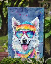 Load image into Gallery viewer, American Eskimo Hippie Dawg Garden Flag – Retro Dog with Sunglasses &amp; Multicolored Background
