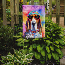 Load image into Gallery viewer, Basset Hound Hippie Dawg Garden Flag – Retro Dog with Sunglasses &amp; Multicolored Background