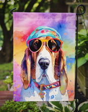 Load image into Gallery viewer, Basset Hound Hippie Dawg Garden Flag – Retro Dog with Sunglasses &amp; Multicolored Background