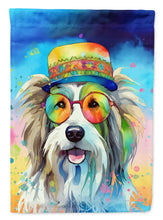 Load image into Gallery viewer, Bearded Collie Hippie Dawg Garden Flag – Retro Dog with Sunglasses &amp; Multicolored Background