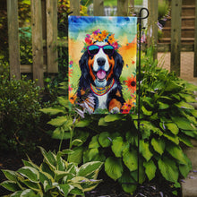 Load image into Gallery viewer, Bernese Mountain Dog Hippie Dawg Garden Flag – Retro Dog with Sunglasses &amp; Multicolored Background