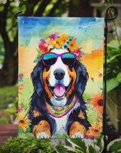 Load image into Gallery viewer, Bernese Mountain Dog Hippie Dawg Garden Flag – Retro Dog with Sunglasses &amp; Multicolored Background